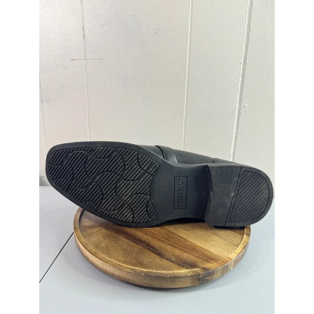 Perry Ellis Clipper RB Loafers Mens 10 Black Good Square Toe Bit Detail Slip On